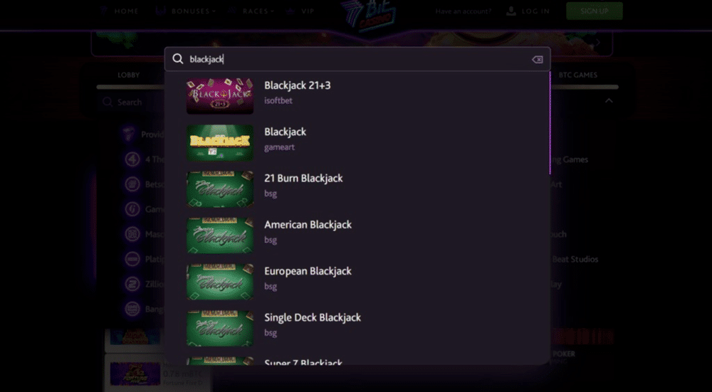 Blackjack games available at 7Bit