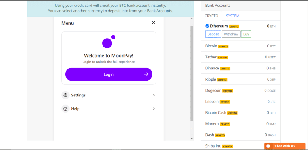 Using MoonPay to purchase Ethereum