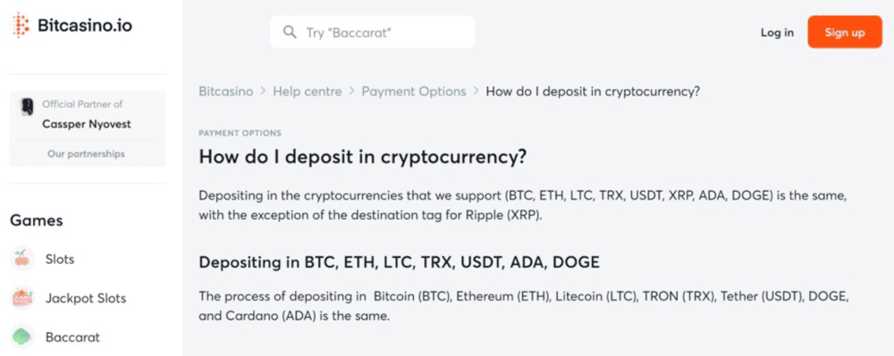 Deposit methods accepted by Bitcasino