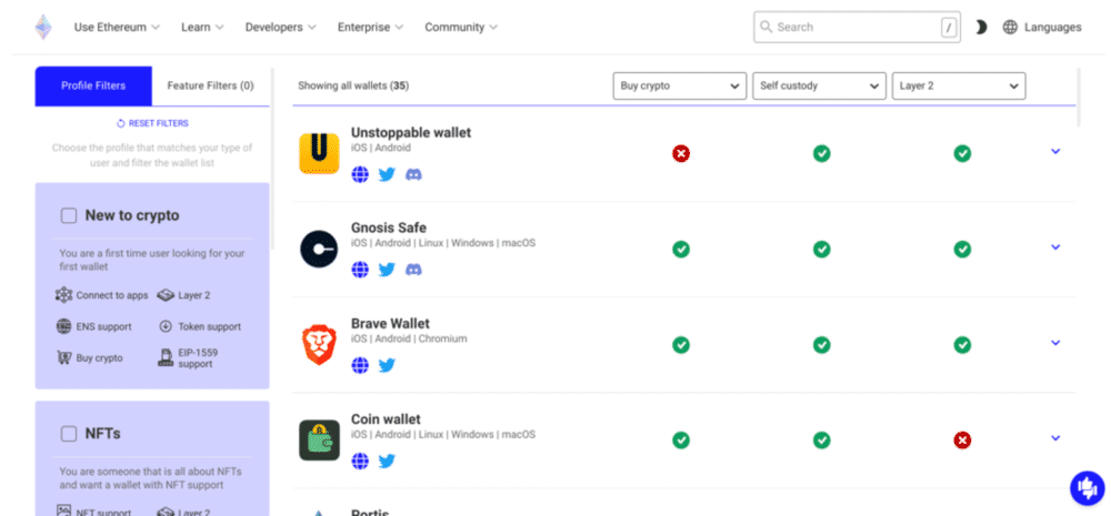 Available Ether wallets