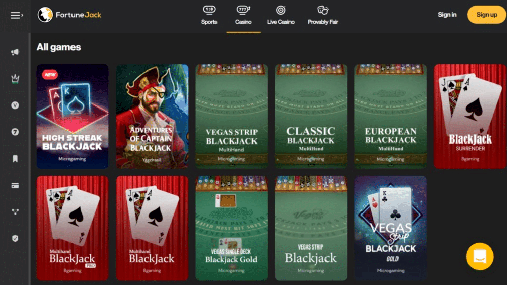 Blackjack available at Fortune Jack