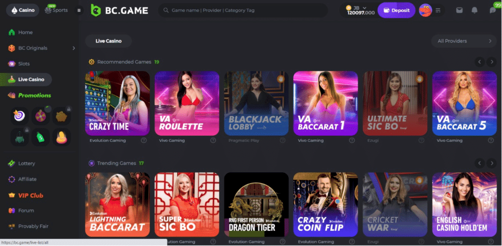 Live casino games at BC Game